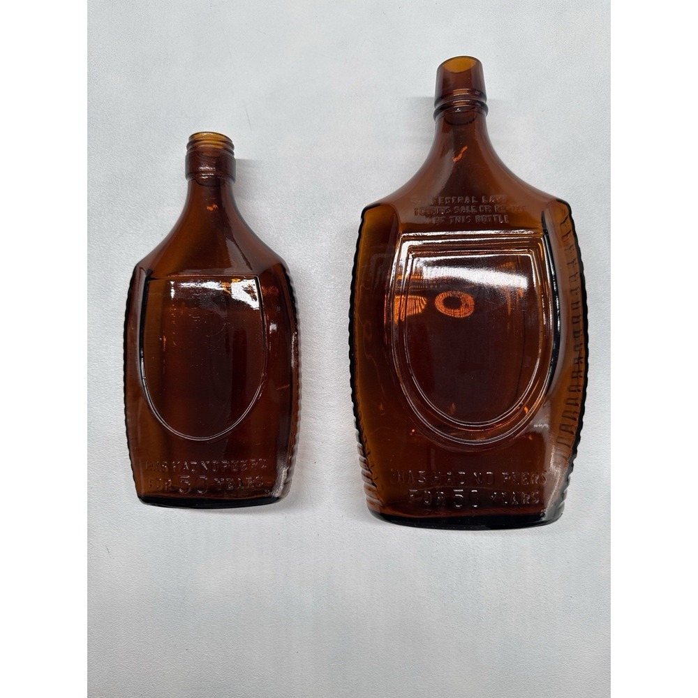 2 Rare Embossed Prohibition Brown Amber Vintage Bottles " Federal Law Forbids "